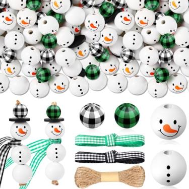Imagem de Landical 180 peças DIY Natal boneco de neve contas de madeira artesanato enfeites de Natal DIY Buffalo xadrez madeira contas de madeira impressão de Natal com lenço de barbante para artesanato (cores