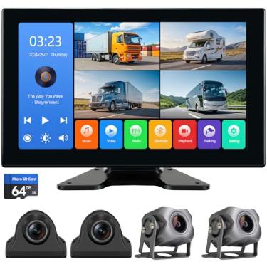 Imagem de Câmera de backup de 4 canais 1080p com tela de 26 cm, câmera de backup de gravação DVR para RV/caminhão/trailer/van/SUV/carros, monitor de estacionamento quádruplo com reprodução/Bluetooth/rádio FM