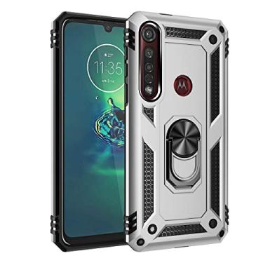 Imagem de SORAKA Capa para Motorola One Macro com suporte de anel capa armadura Motorola Moto G8 Plus capa traseira de policarbonato rígido com placa de metal para celular magnético suporte de carro prata