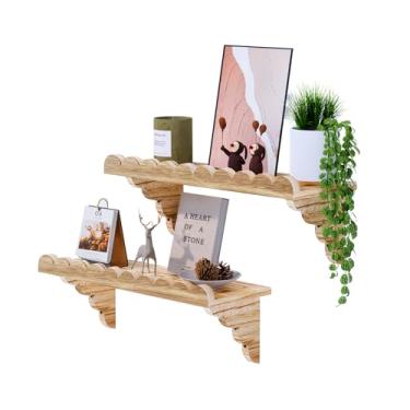Imagem de QsQueen Prateleira de parede de madeira recortada – Prateleira flutuante de 43 cm com suportes de madeira, prateleira de parede rústica fácil de instalar para sala de estar, quarto, banheiro ou