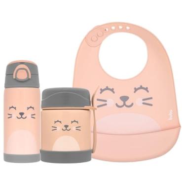 Imagem de Kit Refeição Infantil 3 Peças Pote Térmico Garrafa Térmica e Babador Silicone com Pega Migalhas Buba Gumy (Pêssego)