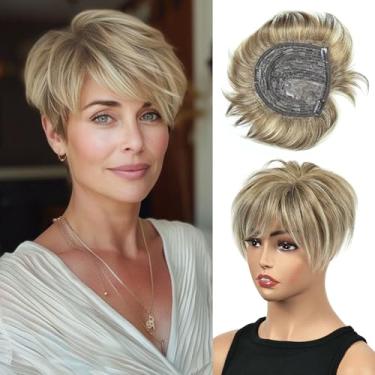 Imagem de PHOCAS Toppers de cabelo loiro curto para mulheres com queda de cabelo com franja perucas macias e confortáveis para mulheres uso diário