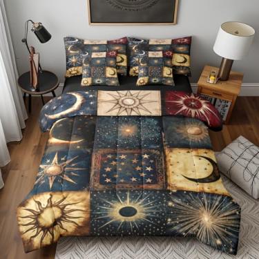 Imagem de Manfei Jogo de cama king size com estampa de sol e lua, estilo boêmio, exótico, para crianças, meninas, galáxia estrelada, conjunto de edredom macio, dourado marinho em uma bolsa com edredom, lençóis