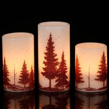 Imagem de KunSwenn KunSween Velas de Natal sem chama, pacote com 3 velas vermelhas para árvore de Natal com temporizador de 6H, vela de pilar de LED de cera real para decoração de casa de inverno (D3 x H4 12,7