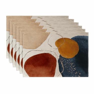 Imagem de Ansouyi Jogo americano conjunto de 6, tapetes de mesa de linho resistentes ao calor laváveis abstratos em terracota azul-marinho laranja e dourado, tapetes antiderrapantes para decoração de cozinha