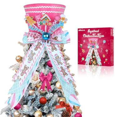 Imagem de HMASYO Topo de árvore de Natal de pão de gengibre, chapéu de veludo rosa com arcos de enfeite de gengibre de bengala, cartola para decoração de árvore de Natal para escritório em casa, decoração de