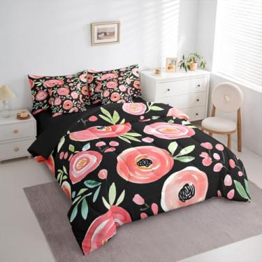 Imagem de Feelyou Conjunto de edredom floral com 7 peças, Queen, elegante, floral, botânico, para crianças, meninos, meninas, estampa de flores, rosa, preto, verde, microfibra