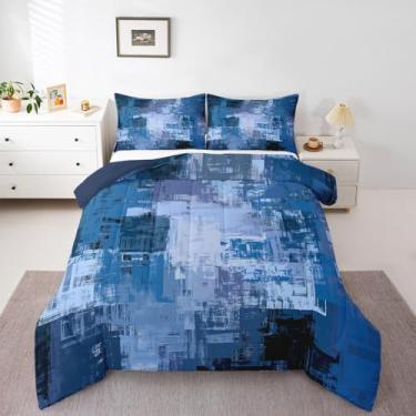 Imagem de Feelyou Conjunto de edredom geométrico geométrico ombré, azul, preto, abstrato, tamanho casal, para crianças, homens, adolescentes, ultramacio, xadrez búfalo, todas as estações, respirável, leve