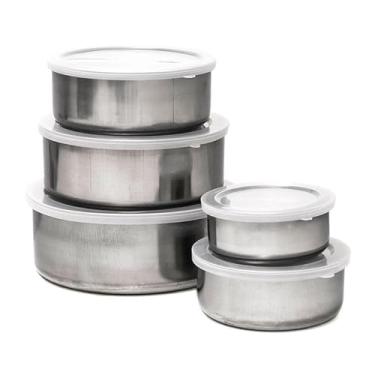 Imagem de Conjunto 5 Tigelas Bowl de Aço Inox com Tampa – Potes Inox para Cozinha, Saladeira Inox, Armazenar Alimentos, Bowls Inox com Tampa, Tigela de Cozinha, Potes Inox Duráveis - NR SHOP
