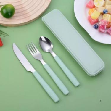 Imagem de Kit Talheres Portáteis Inox 3 Peças Com Estojo – Colher Garfo Faca Para Marmita Trabalho Escola Viagem Sustentável-Verde