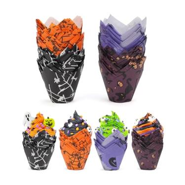 Imagem de Bake Choice Mini forros de cupcake de tulipa de Halloween, 200 peças de mini forros de muffin para suprimentos de festa de Halloween, envoltórios de cupcake de grau alimentício, decorações de cupcake