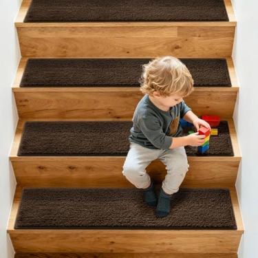 Imagem de SHIEN Escadas antiderrapantes para degraus de madeira, tapetes de escada extra grossos de 20 x 76 cm (13 mm), bordas costuradas com precisão e sem necessidade de corte, tapetes de poliéster