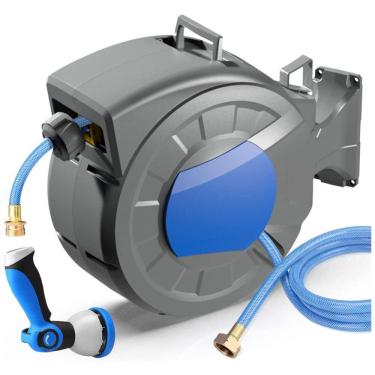 Imagem de Mangueira de Jadim 30M com Enrolador Retrátil, Bico Pulverizador de 10 Padrões, Rebobinamento Lento Automático e Trava, REDUCTUS