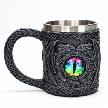 Imagem de JIUMOZHI Caneca olho de dragão Tankard forro de aço inoxidável desenhado à mão estilo medieval caneca de cerveja xícara de café capacidade 430 g (preto A)