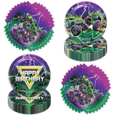 Imagem de 40 peças de pratos de papel de festa de caminhão monstro verde roxo para caminhão monstro tema carro corrida de aniversário conjunto de louça descartável para crianças meninos chá de bebê artigos de