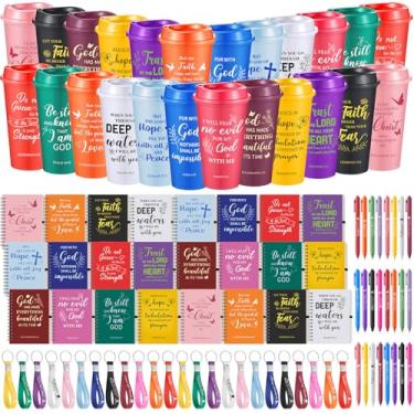 Imagem de Skylety Conjunto de 24 presentes de copo cristão versículo bíblico igreja presente religioso em massa inclui caneta de caderno e chaveiros para mulheres amigas (conjunto de 24, cor clássica, cristã)