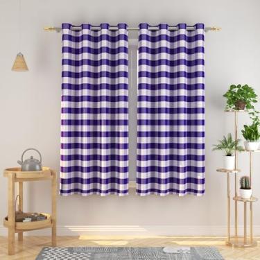 Imagem de Cortinas xadrez Buffalo 114,3 cm de comprimento, algodão, caveira, xadrez, cozinha, janela, painéis, sala de estar, xadrez, quarto, ilhós, tratamento de janela, 2 painéis, roxo e branco