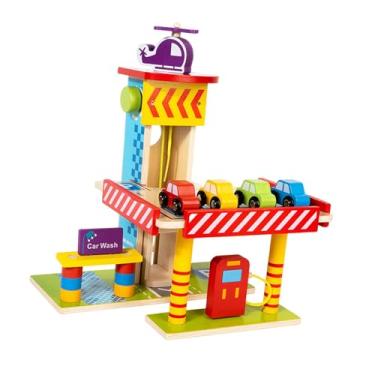 Imagem de simhoa Conjunto de brinquedos de garagem de madeira para crianças, ferramenta de aprendizagem, brinquedo de garagem de três níveis, brinquedo de faz de conta