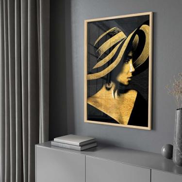 Imagem de Quadro Decorativo com Moldura e Acrilico Cristal Vidro Mulher Dourada Chapéu Sala Quarto Hall
