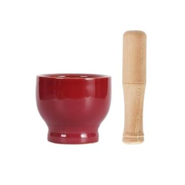 Imagem de Almofariz e pilão para casa tigela de alho de cerâmica utensílios de cozinha práticos jarro de moagem moedor de especiarias moedor manual (vermelho)