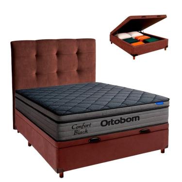 Imagem de Baú Marrom + Cabeceira + Colchão Casal Confort Black Ortobom