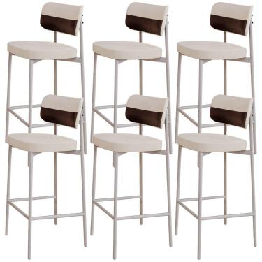 Imagem de Kit 06 Banquetas Alta Bar Cozinha Sala De Jantar Aço Branco Kaira C01 Linho Palha Courino Café - Lyam Decor