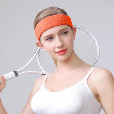 Imagem de Faixa de cabeça esportiva para homens e mulheres – Faixa de suor atlética de algodão felpudo para tênis, basquete, corrida, academia, malhar (laranja)