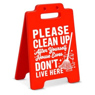 Imagem de Placa engraçada de decoração de banheiro para cozinha, por favor, limpe depois de si mesmo para decoração de escritório em casa