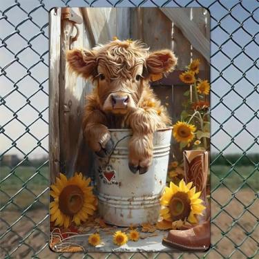 Imagem de Balde de girassol Highland bezerro imagem rústica arte de parede de alumínio rústico e placa de metal - 20 x 30 cm decoração vintage para ambientes internos e externos para casa, escritório, café