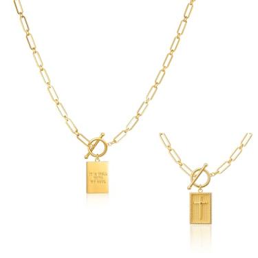 Imagem de Robaice Colar feminino com pingente de cruz banhado a ouro e prata, pingente de cruz retangular, corrente delicada de clipe de papel, joia religiosa, presente para fé cristã, batismo, primeira