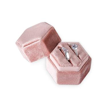Imagem de Caixa de anel de veludo para joias, caixa de anel hexagonal com ranhuras duplas para casamento, cerimônia de casamento, dia para guardar 2 anéis (pêssego blush)