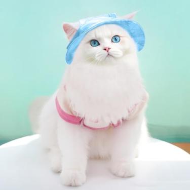 Imagem de Chapéu de sol ajustável para animais de estimação (para cães e gatos) - Touca UV respirável com orifícios para orelha, azul claro, tamanho G, design antiderrapante, adequado para caminhadas ao ar