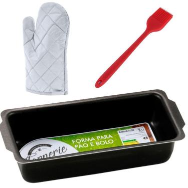 Imagem de Forma Pão Retangular Antiaderente 1,3L + Luva + Pincel