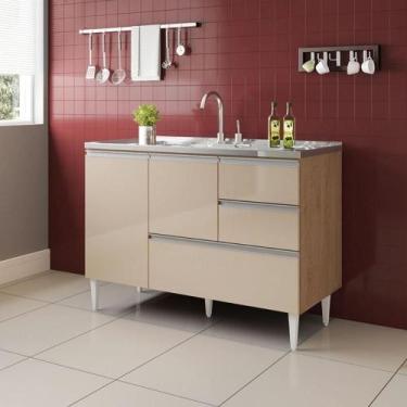 Imagem de Balcão Maceió Para Pia 1,20 2 Portas Com Gavetão Amêndoa Off - MILANI 