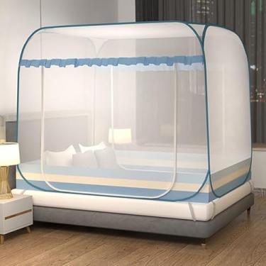 Imagem de Rede de Mosquiteiro Yurt Dupla para Cama – Proteção Anti-Mosquito, Sem Instalação, Fibra de Poliéster com Suporte de Aço Inoxidável(1.8米寬*2.0米長【全底防摔】,雙門【賓藍三紋】方頂加大)