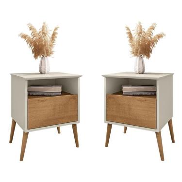 Imagem de Kit 2 Mesa De Cabeceira Cancun 1 Gaveta Pés Madeira Maciça Off White-naturale