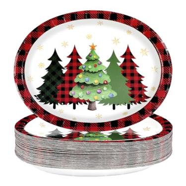 Imagem de 50 peças de pratos ovais de Natal, 25,4 x 30,5 cm, grandes, descartáveis, resistentes, buffalo, xadrez, árvores de Natal, pratos de papel, árvore quadriculada, floco de neve, pratos de sobremesa para