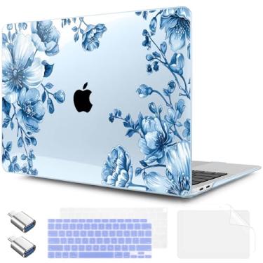 Imagem de TWOLSKOO Capa para MacBook Air de 13,3 polegadas 2021 2020 2019 2018 versão M1 A2337 A2179 A1932 com Touch ID, capa rígida de plástico e capa de teclado e adaptador tipo C, chinoiserie azul