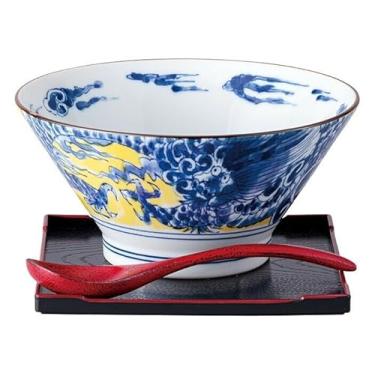 Imagem de Conjunto de tigelas de ramen japonês com design de dragão, tigela de macarrão de cerâmica de 19 cm com colher e pauzinhos combinando – Feito no Japão, Mino Ware tradicional