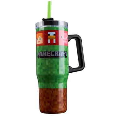 Imagem de Minecraft Caneca de viagem com isolamento térmico de 1000 ml, garrafa de água creeper de aço inoxidável com alça e palha, isolamento térmico a vácuo, bebidas com isolamento a vácuo, compatível com
