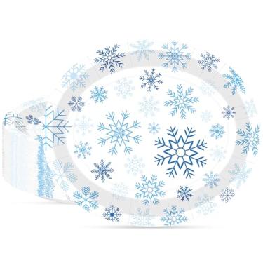 Imagem de QZYL 50 peças de pratos ovais de papel de Natal, 31 cm x 26 cm, pratos descartáveis de floco de neve azul, utensílios de jantar de férias, decorações de festa de Natal, reunião de fim de ano