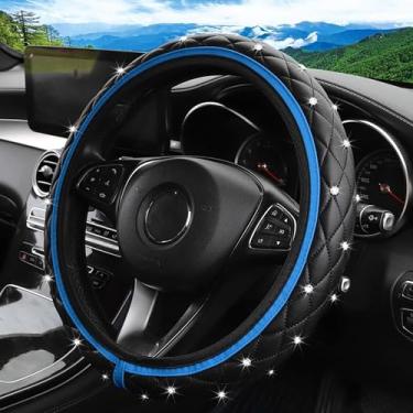 Imagem de Capa de volante de couro brilhante, protetor de volante automático antiderrapante de 38 cm com diamante brilhante para mulheres e meninas, acessórios universais de decoração de veículos para a maioria