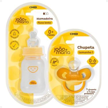 Imagem de Kit Cimed João e Maria 0-6 Meses: Mamadeira Fluxo Lento 120ml e Chupeta Com Capa Protetora Tamanho 1
