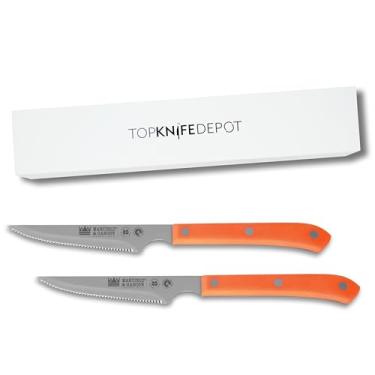 Imagem de Conjunto de facas de bife Menaje - Lâmina serrilhada - Cabo de resina POM - Cores pastel sortidas - Conjunto de 2 ou 6 unidades (2, laranja pastel)