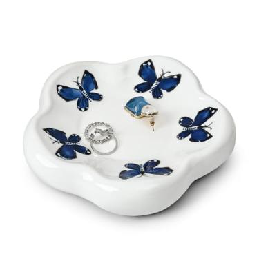 Imagem de Koythin Bandeja de joias de cerâmica, prato de bugiganga em forma de flor para anéis, brincos, colares, chá de noiva, dama de honra, presentes de aniversário para mulheres (borboleta azul retrô)