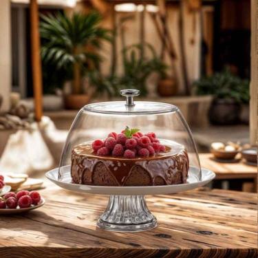 Imagem de Boleira de Vidro com Pé e Tampa Opaline M White para Bolos e Sobremesa