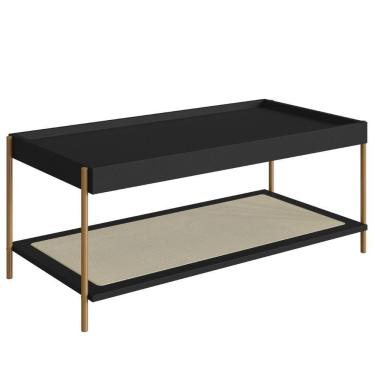 Imagem de Mesa De Centro Retangular Oslo Artesano 93 Cm (larg) Mdp Nero Palha Sintética Bege Pé Metal Dourado