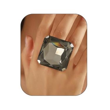 Imagem de ZMJK Anel aberto de cristal de vidro grande quadrado exagerado para mulheres moderno vintage grosso geométrico ajustável grande anel de declaração coquetel baile festa joia, Zinco, Sem pedra preciosa