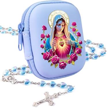 Imagem de PLONKLY Rosário Católico para Mulheres - Contas de Pérola com Cruz Clássica, Caixa de Oração com Zíper da Virgem Maria, Presentes de Primeira Comunhão, Joias de Confirmação de Batismo, 6mm, Zinco, Sem