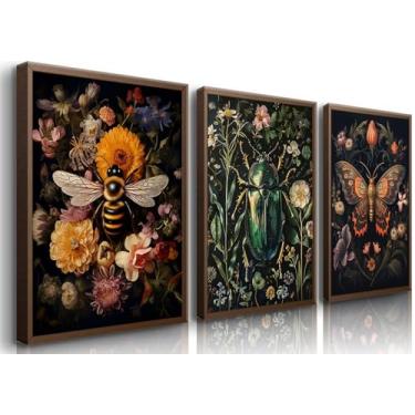 Imagem de 3 peças Dark Academia Borboleta e Abelha Floral Arte de Parede Gótico Inseto e Botânico Decoração de Parede Vintage Dark College Poster Impressão em Tela Quadro para Quarto Sala de Estar 30,5 x 40,6